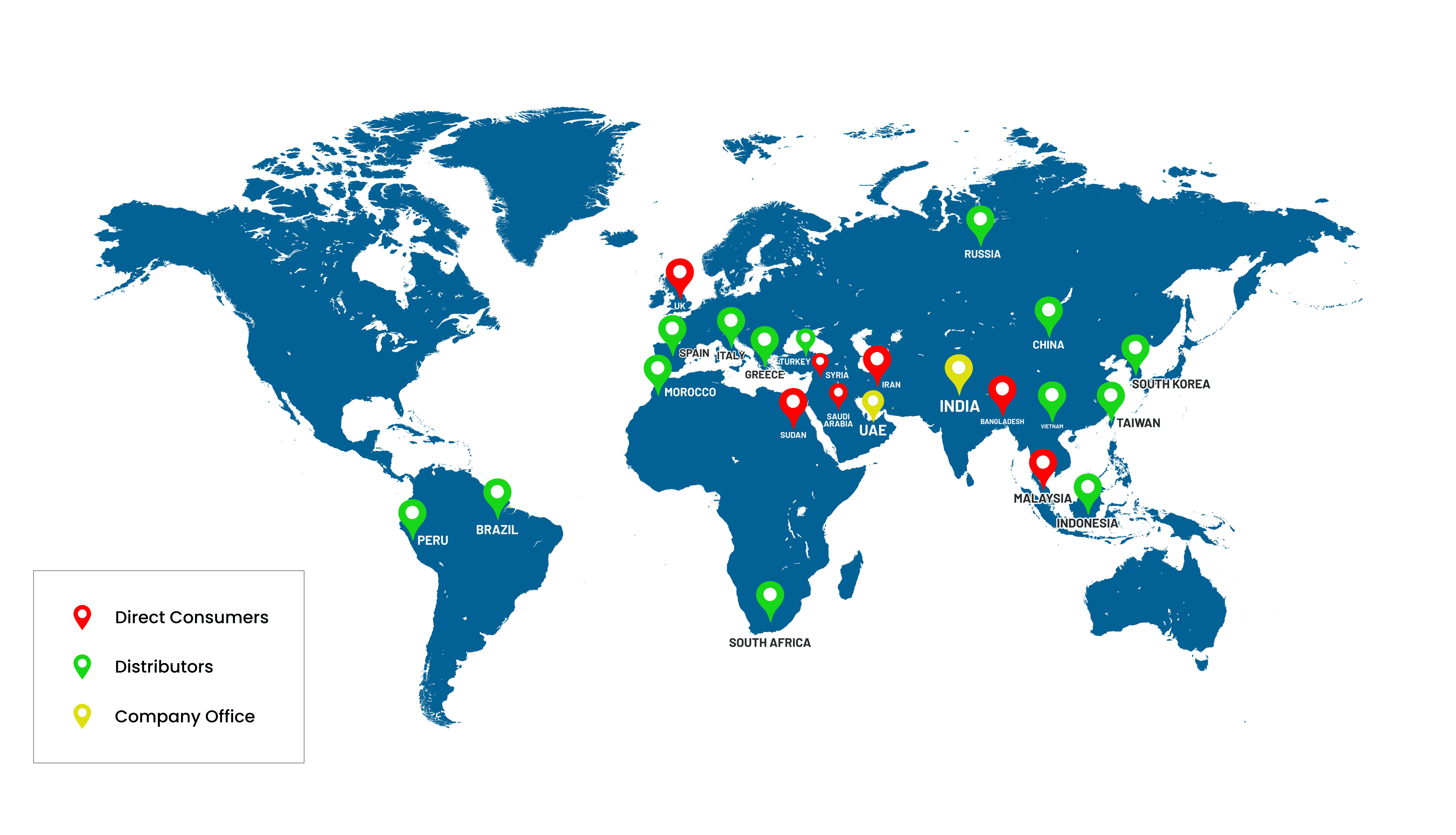 World map showing RS Pigments ultramarine pigment exports to 35 countries